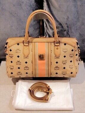 MCM VISETOS BARREL SATCHEL WITH CROSSBODY STRAP IN BEIGE LEATHER w/ PEACH STRIP